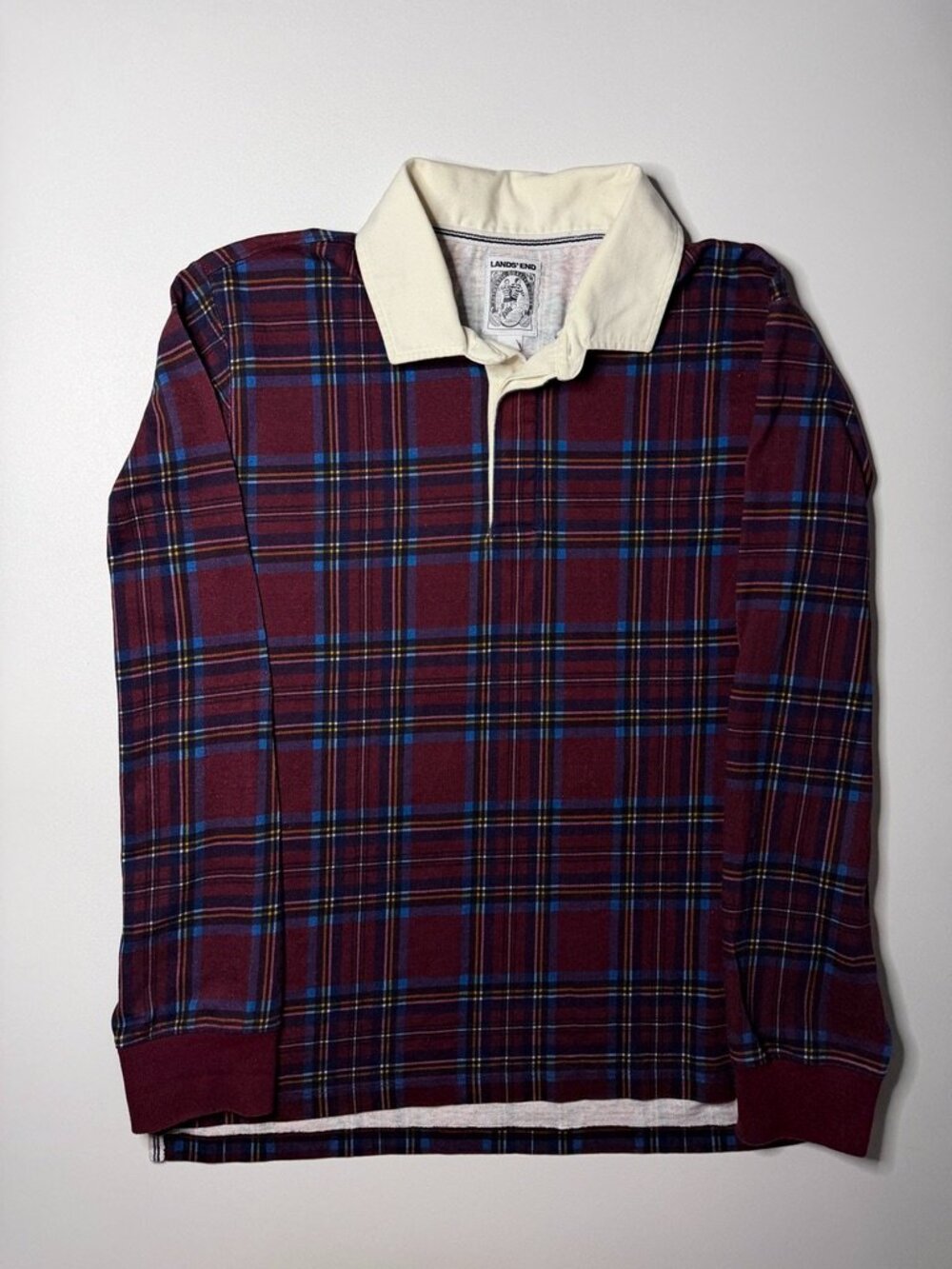 Vintage Lands End Rugby Shirt L Maroon Plaid Tartan Long Sleeve Polo Y2K 2000s